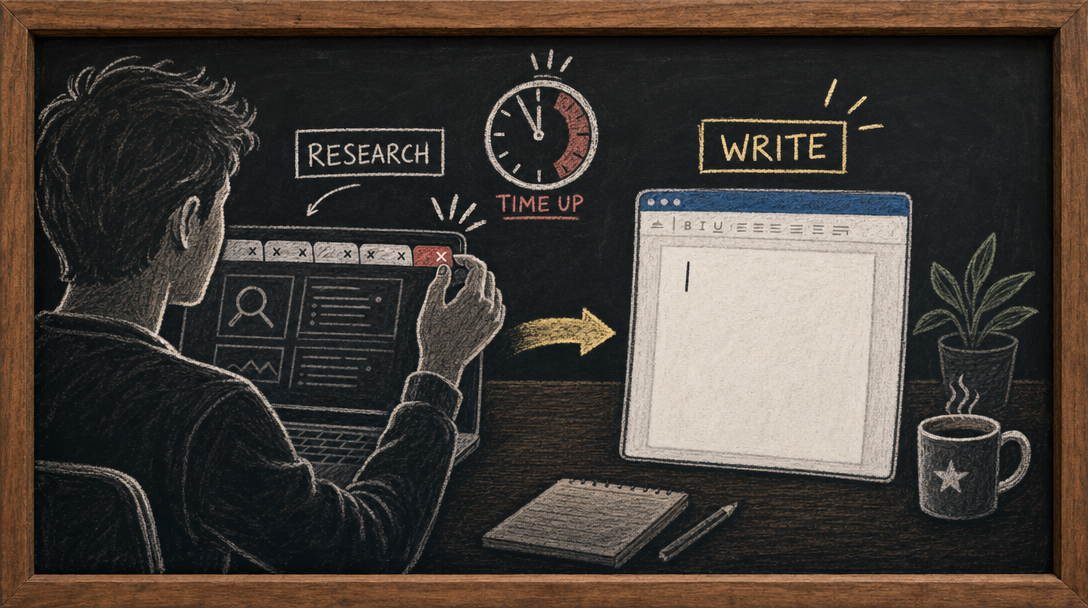 Person closing browser tabs, preparing to start writing in a new document.