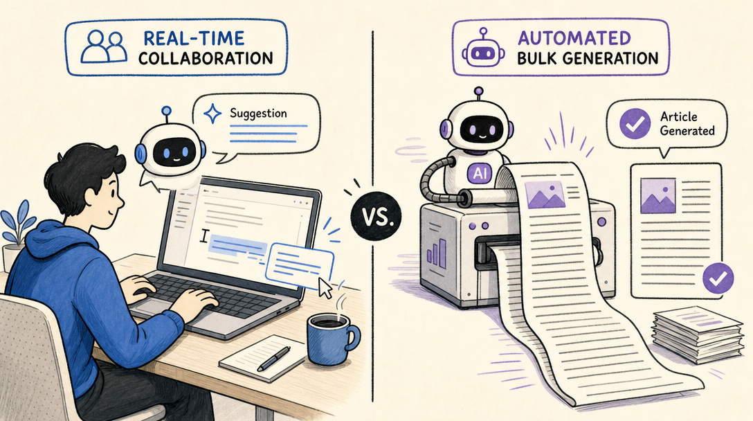 Interactive AI writing and bulk AI content generation shown side-by-side.