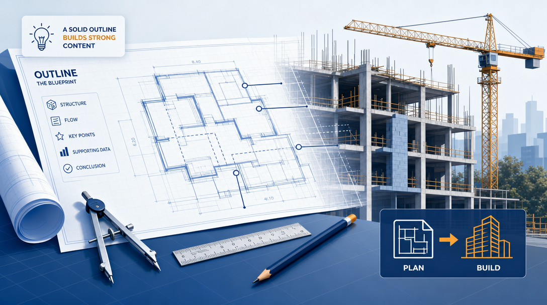 An architectural blueprint is superimposed over a building under construction, with drafting tools nearby, symbolizing an article