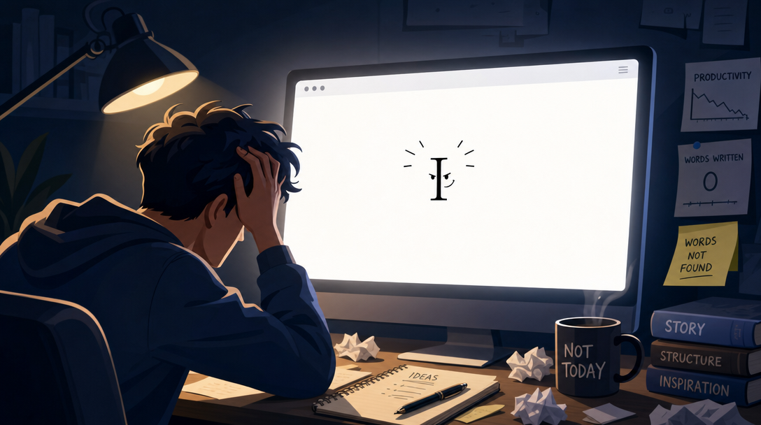 A person with a look of mild frustration sits at a desk, staring at a blank computer screen with a prominent, blinking cursor.