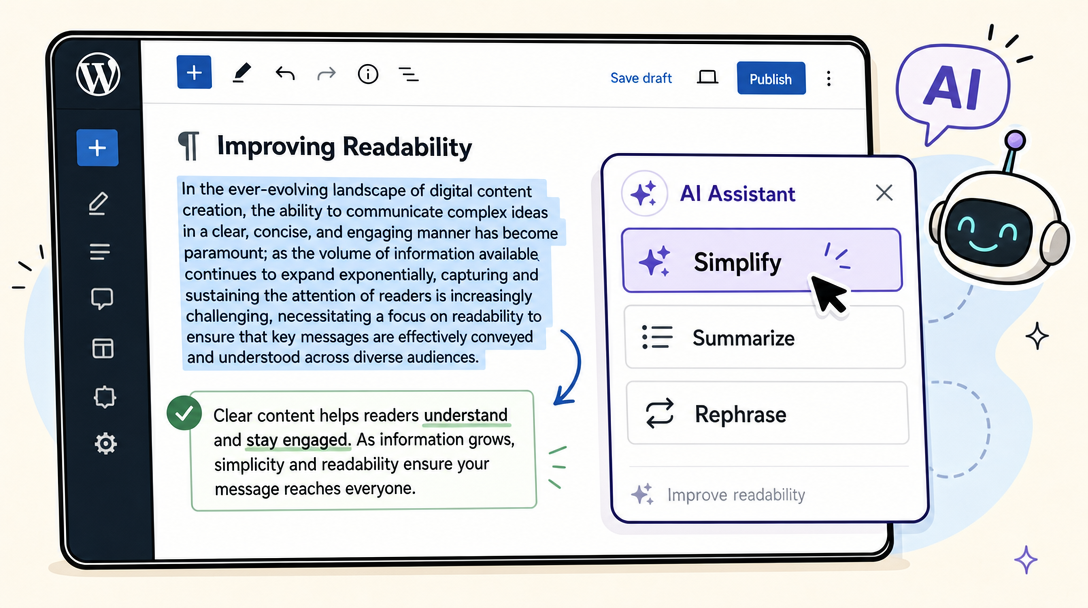 AI assistant simplifies highlighted text within a WordPress editor screen.