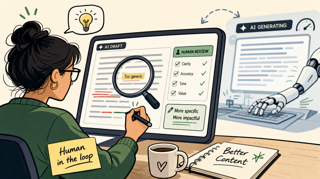Human writer diligently edits and fact-checks AI-generated content.