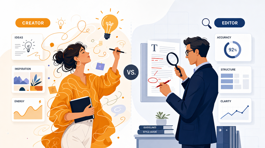 An illustration depicting two distinct figures: one, a creative, energetic