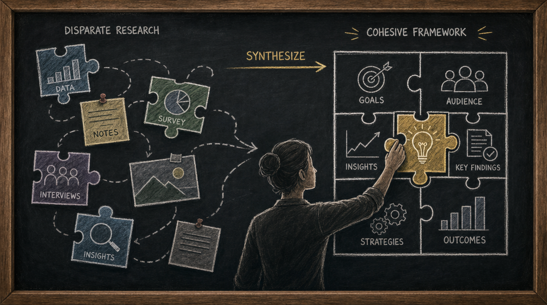 Scattered research notes, links, and data being organized into a cohesive structure.